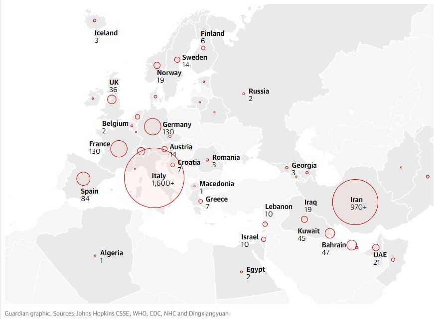 Confirmed cases of Covid-19 in Europe, Middle East and north Africa